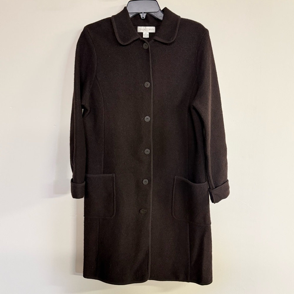 Casual Corner Women’s Black 100% Wool Long Pea Coat Vintage Classic Size Medium